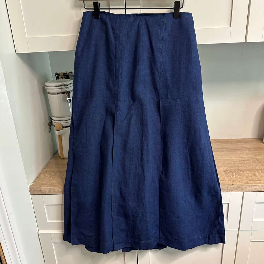 Three Graces London Linen Midi Skirt Womens 8 Navy Pleated High Waist Coastal